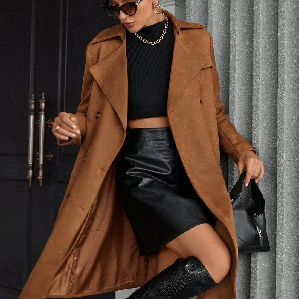 Brown Preppy Womens Suede Fleece All-Match Elegant Mid-Length Windbreaker Jacket